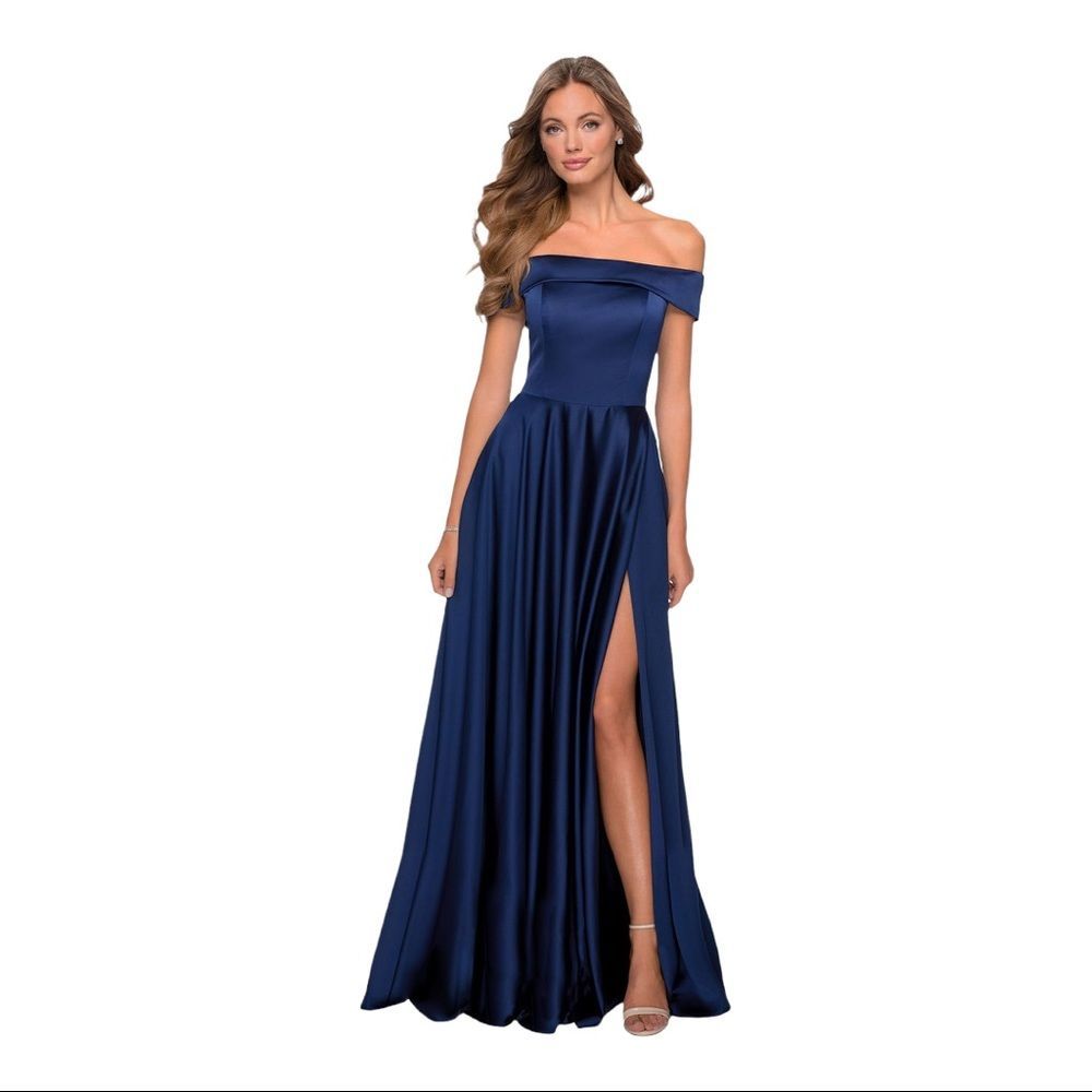 La Femme Off Shoulder Satin A-Line Gown